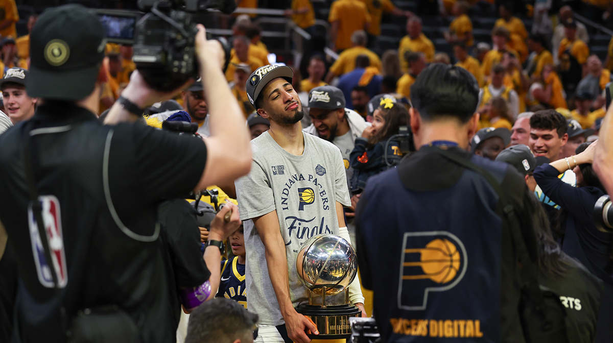 Indiana Pacers guard Tyrese Haliburton (0) looks on in the third quarter during game six of the eastern conference finals against the New York Knicks for the 2025 NBA Playoffs at Gainbridge Fieldhouse.