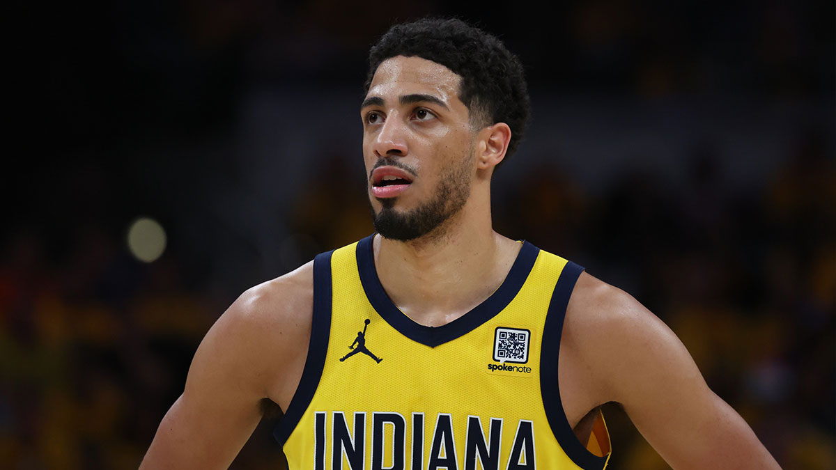 Indiana Pacers guard Tyrese Haliburton (0) stands on court during the second quarter against the New York Knicks of game four of the eastern conference finals for the 2025 NBA Playoffs at Gainbridge Fieldhouse.