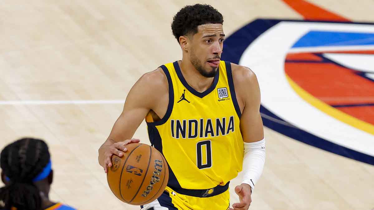 Jun 8, 2025; Oklahoma City, Oklahoma, USA; Indiana Pacers guard Tyrese Haliburton (0) brings the ball up court against the Oklahoma City Thunder during the third quarter of game two of the 2025 NBA Finals at Paycom Center. Mandatory Credit: Alonzo Adams-Imagn Images
