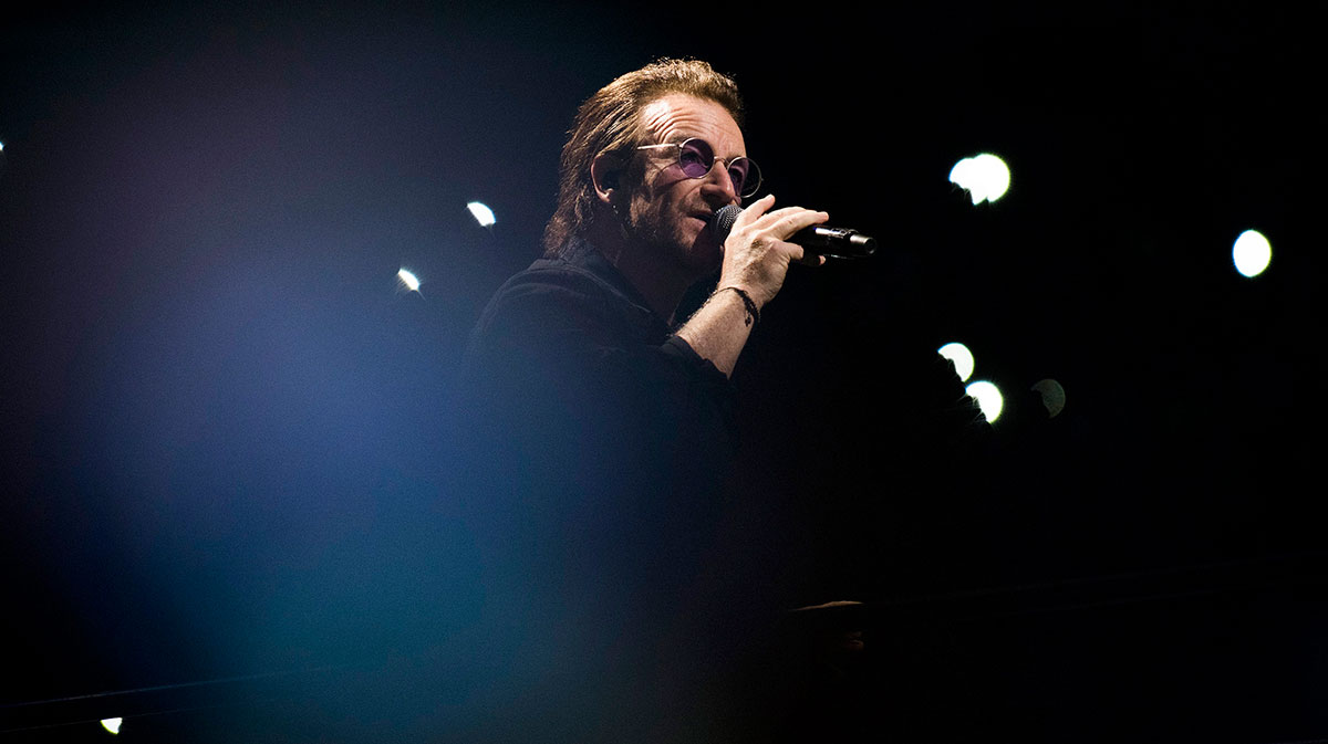 U2 singer Bono, who teased the songs they are working on for their next album, on the Experience + Innocence Tour in 2018 in Philadelphia, Pennsylvania.