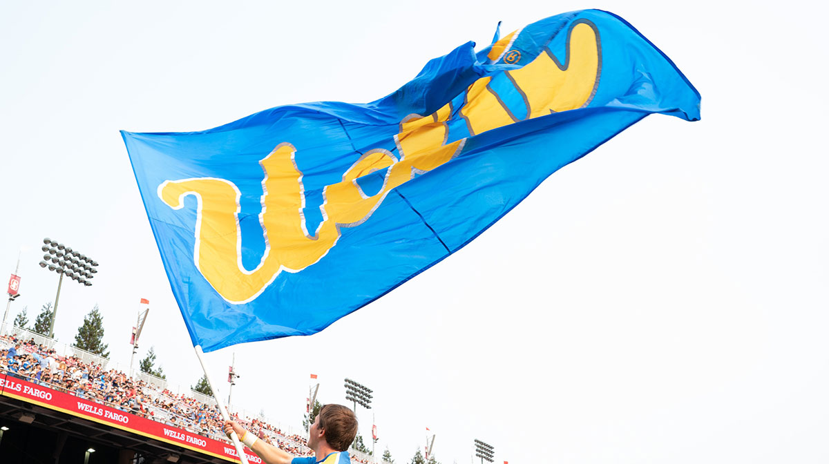 UCLA Bruins flag flies during the second quarter against the Stanford Cardinal at Stanford Stadium.
