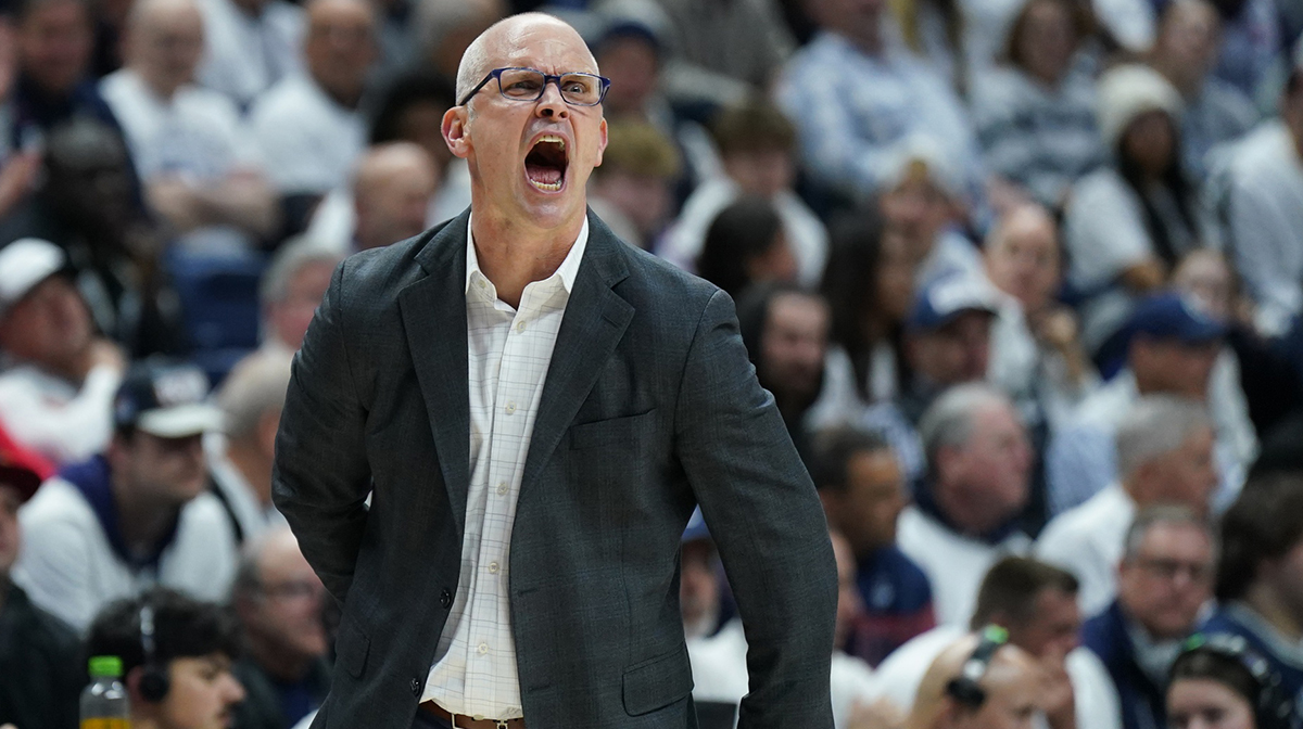 UConn Huskies head coach Dan Hurley watches from the sideline as they take on the Marquette Golden Eagles at Harry A. Gampel Pavilion.