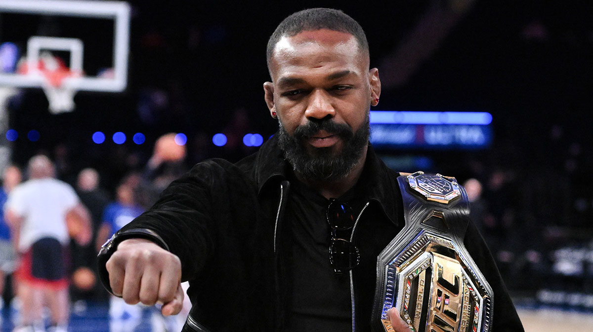 UFC mixed martial arts heavyweight champion Jon Jones poses for a photo before a game between the New York Knicks and the Chicago Bulls at Madison Square Garden.