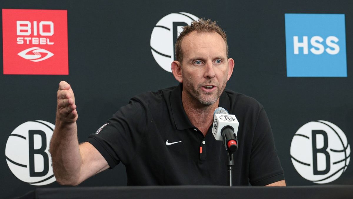 Brooklyn Nets general manager Sean Marks talks to the media during media day at HSS Training Center.