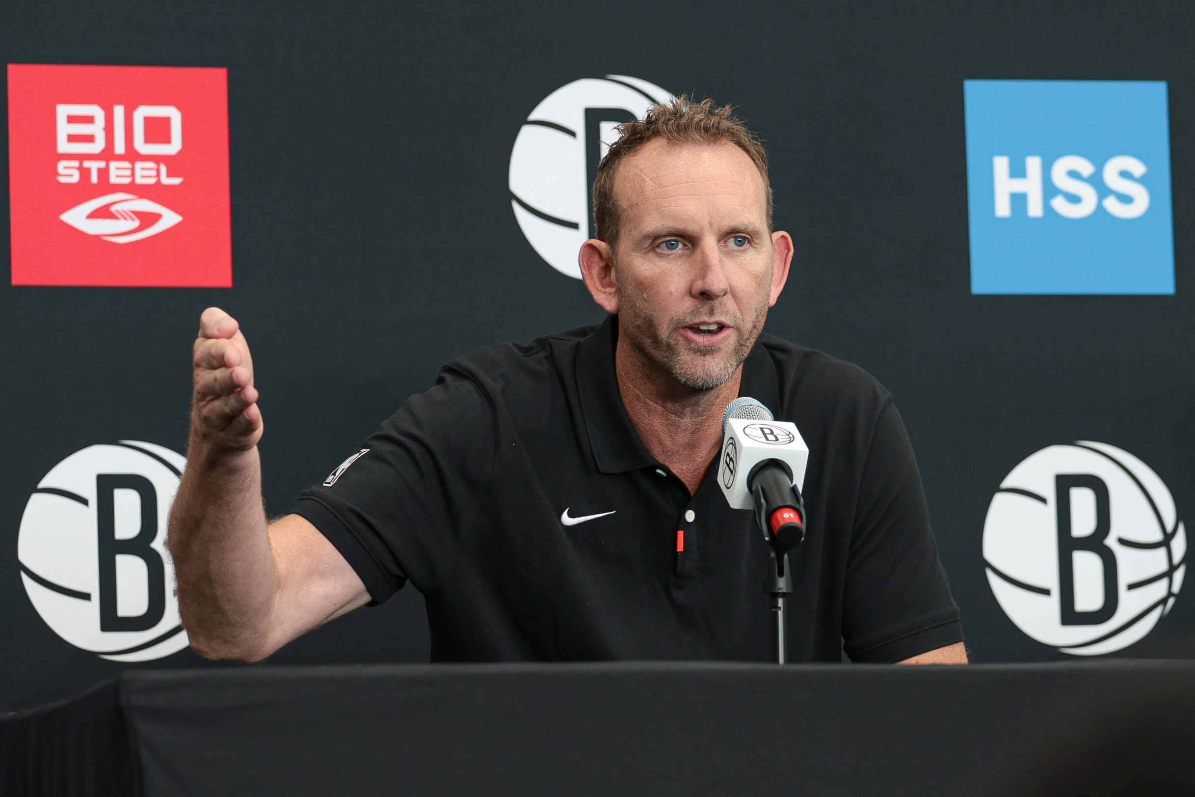 Brooklyn Nets general manager Sean Marks talks to the media during media day at HSS Training Center.