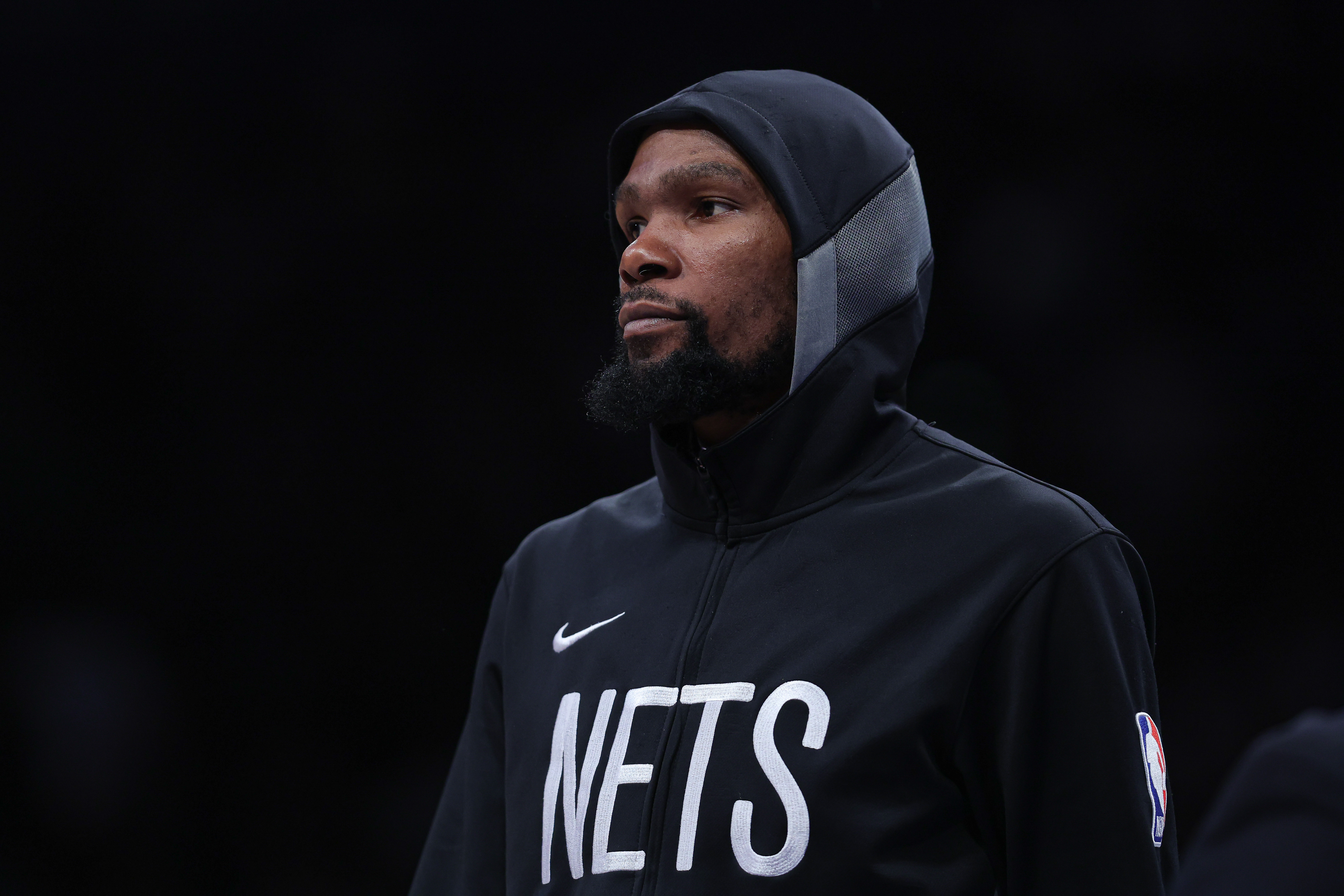 Brooklyn Nets forward Kevin Durant (7) looks on during the time out during the second half against the San Antonio Spurs at Barclays Center.
