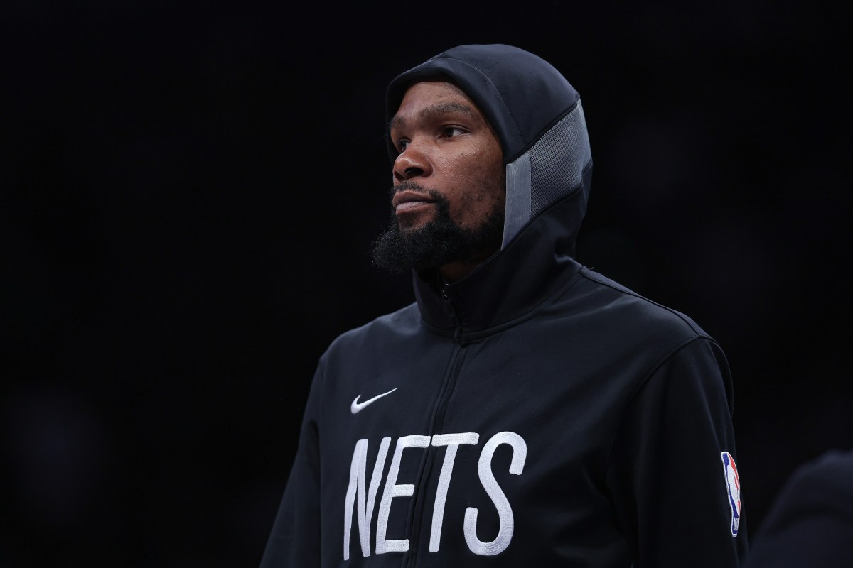Brooklyn Nets forward Kevin Durant (7) looks on during the time out during the second half against the San Antonio Spurs at Barclays Center.
