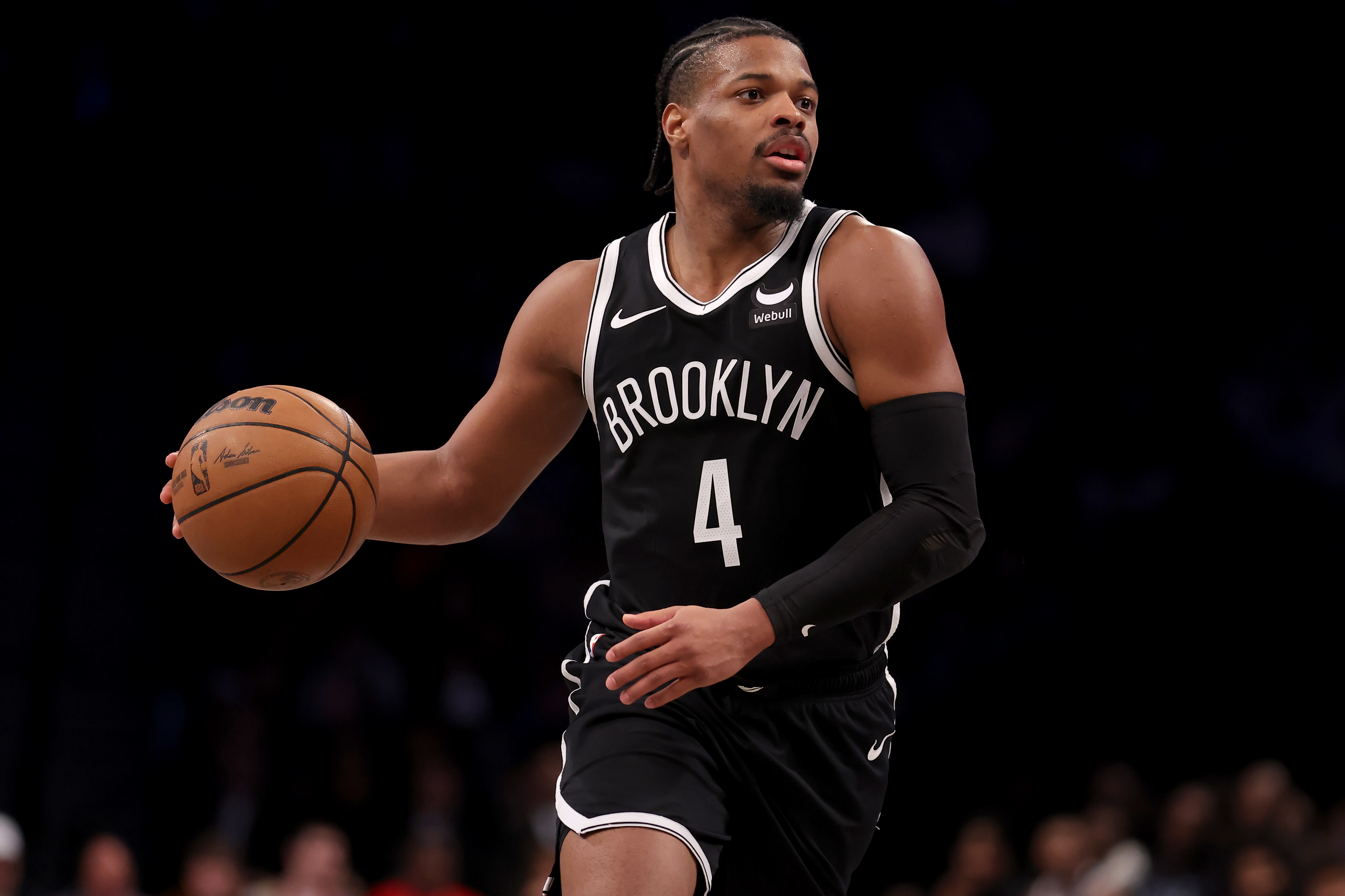 Brooklyn Nets guard Dennis Smith Jr. (4) controls the ball against the New York Knicks during the fourth quarter at Barclays Center.