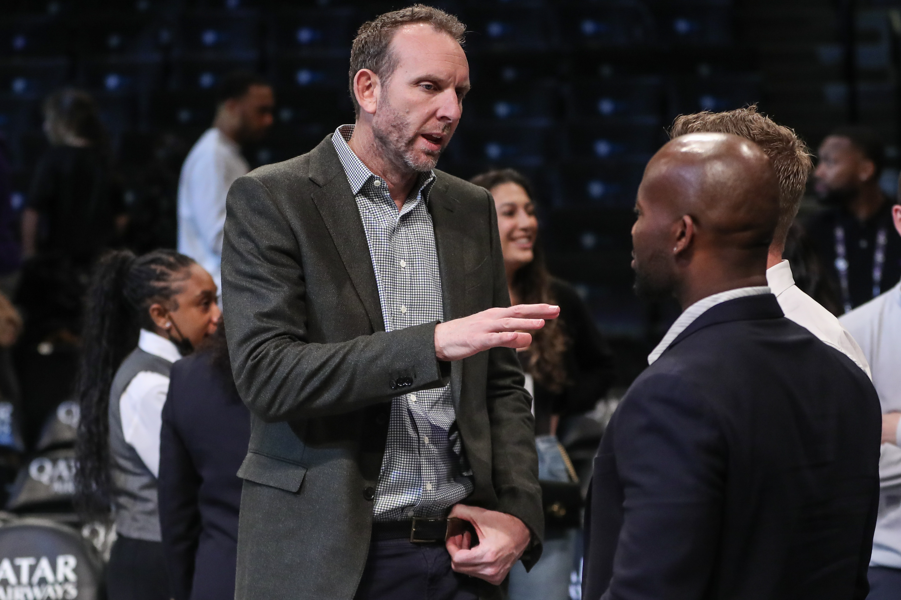 Brooklyn Nets General Manager Sean Marks speaks to a group of people prior to the game against the Atlanta Hawks at Barclays Center.
