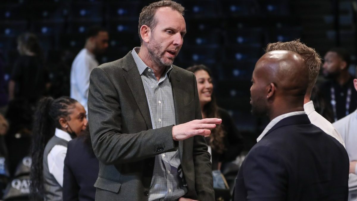 Feb 29, 2024; Brooklyn, New York, USA; Brooklyn Nets General Manager Sean Marks speaks to a group of people prior to the game against the Atlanta Hawks at Barclays Center. Mandatory Credit: Wendell Cruz-USA TODAY Sports