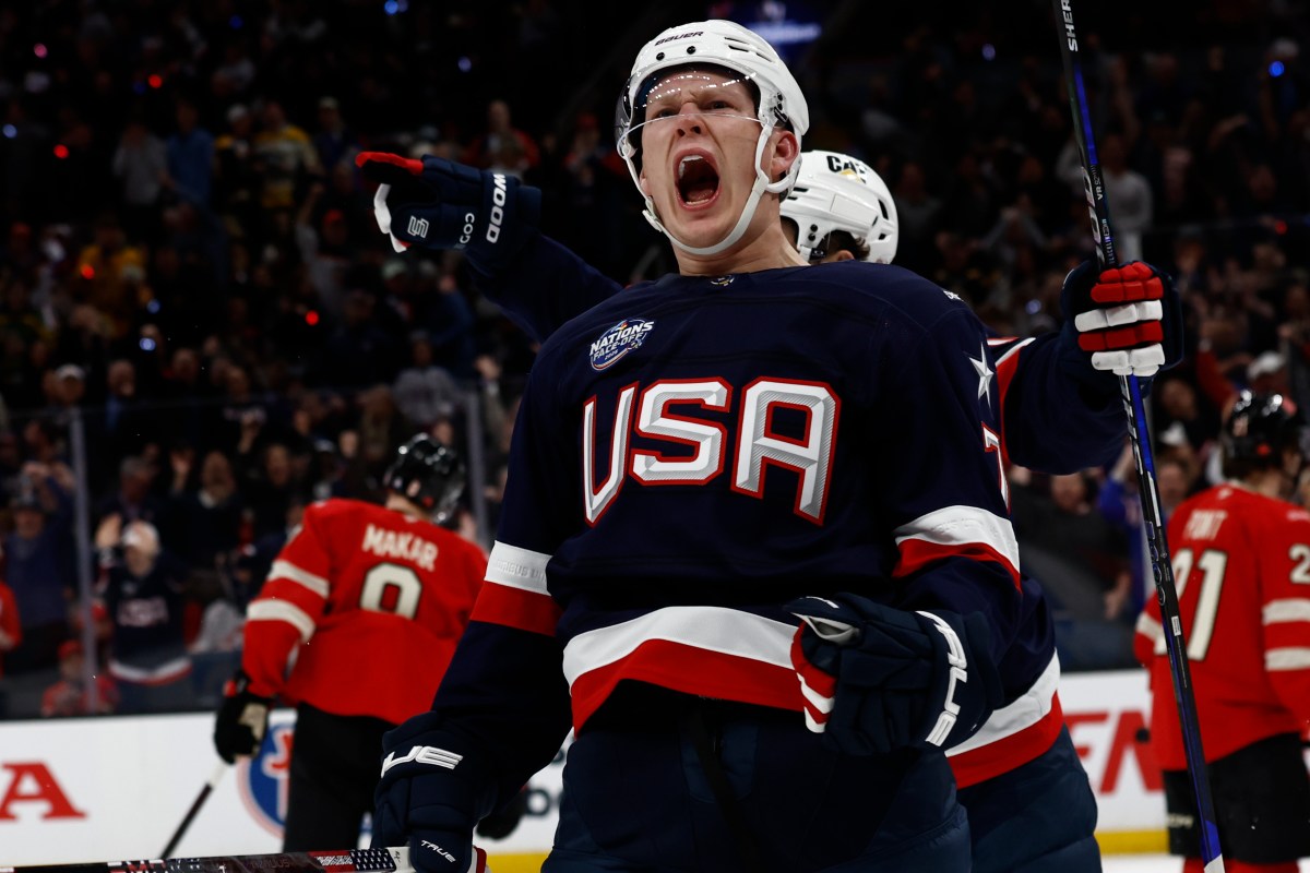 [Imagn Images direct customers only] Team USA forward Brady Tkachuk (7) celebrates scoring against Team Canada during the first period during the 4 Nations Face-Off ice hockey championship game at TD Garden. Olympic