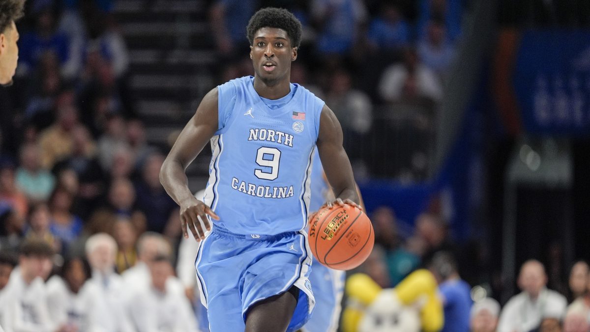 North Carolina Tar Heels guard Drake Powell (9) during the first half against the Duke Blue Devils at Spectrum Center.