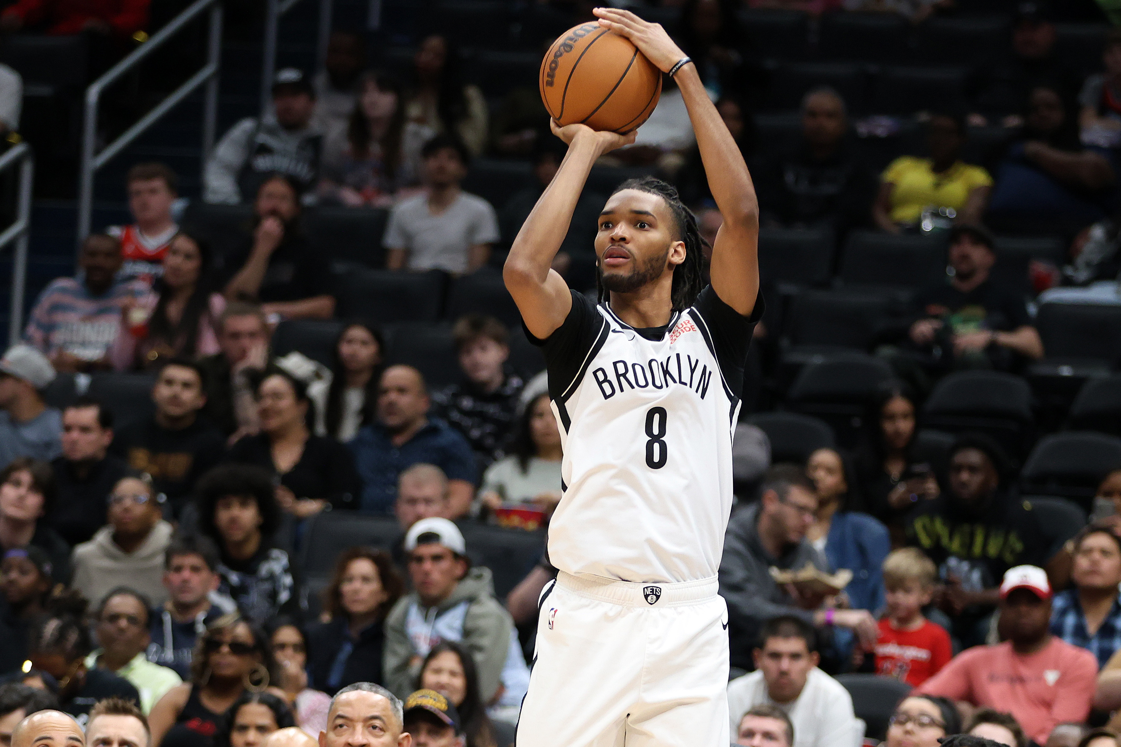 Brooklyn Nets forward Ziaire Williams (8) takes a shot during the first half against the Washington Wizards at Capital One Arena.