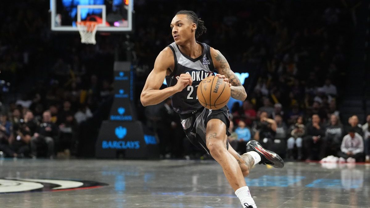 Brooklyn Nets forward Maxwell Lewis (27) dribbles the ball against the Toronto Raptors during the second half at Barclays Center.