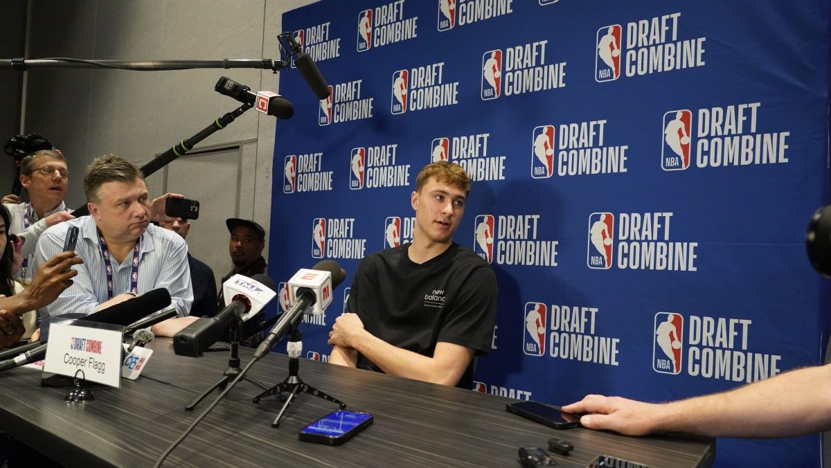 Cooper Flagg talks to the media during the 2025 NBA Draft Combine at Marriott Marquis Chicago.