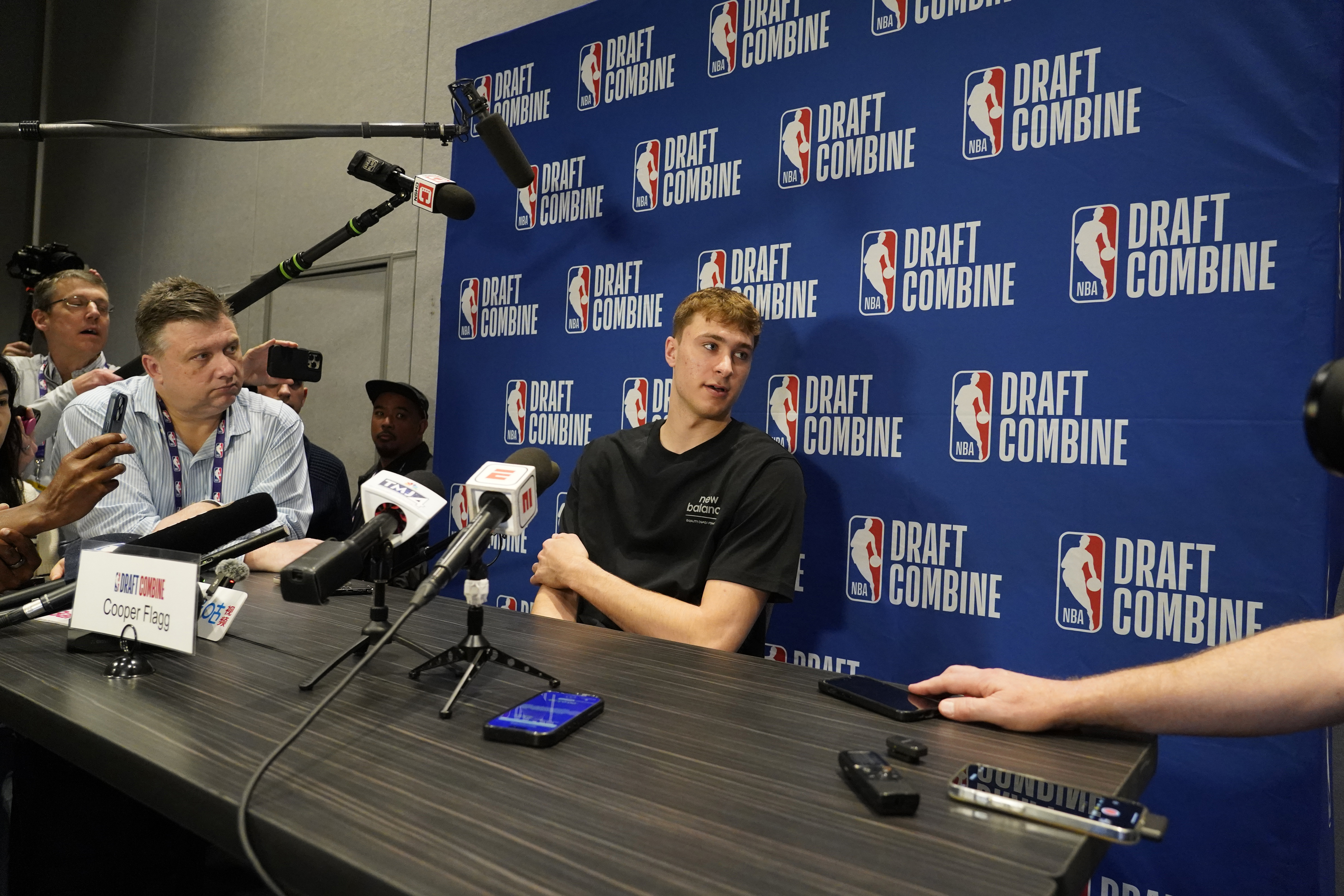 Cooper Flagg talks to the media during the 2025 NBA Draft Combine at Marriott Marquis Chicago.
