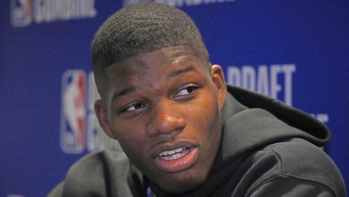 May 14, 2025; Chicago, Il, USA; Cedric Coward talks to the media during the 2025 NBA Draft Combine at Marriott Marquis Chicago. Mandatory Credit: David Banks-Imagn Images