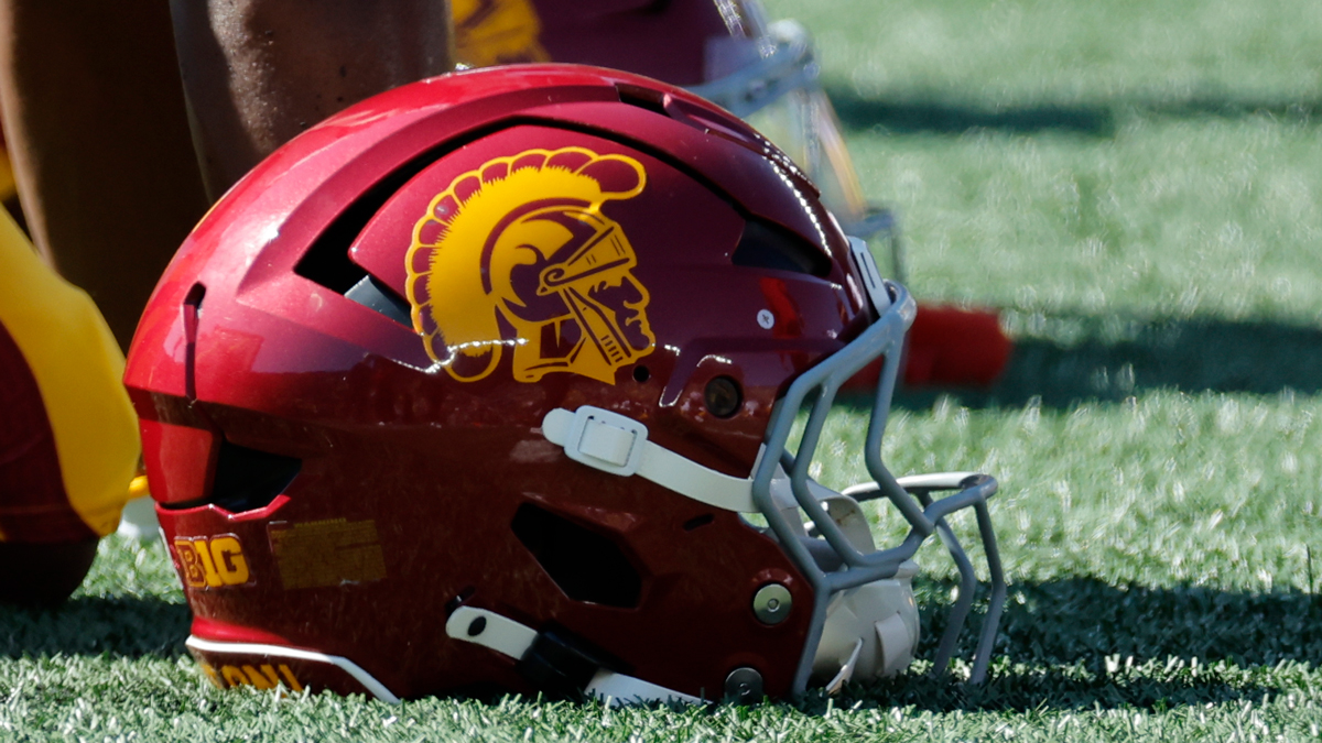 USC Trojans helmet on the sideline during the game against the Michigan Wolverines at Michigan Stadium.