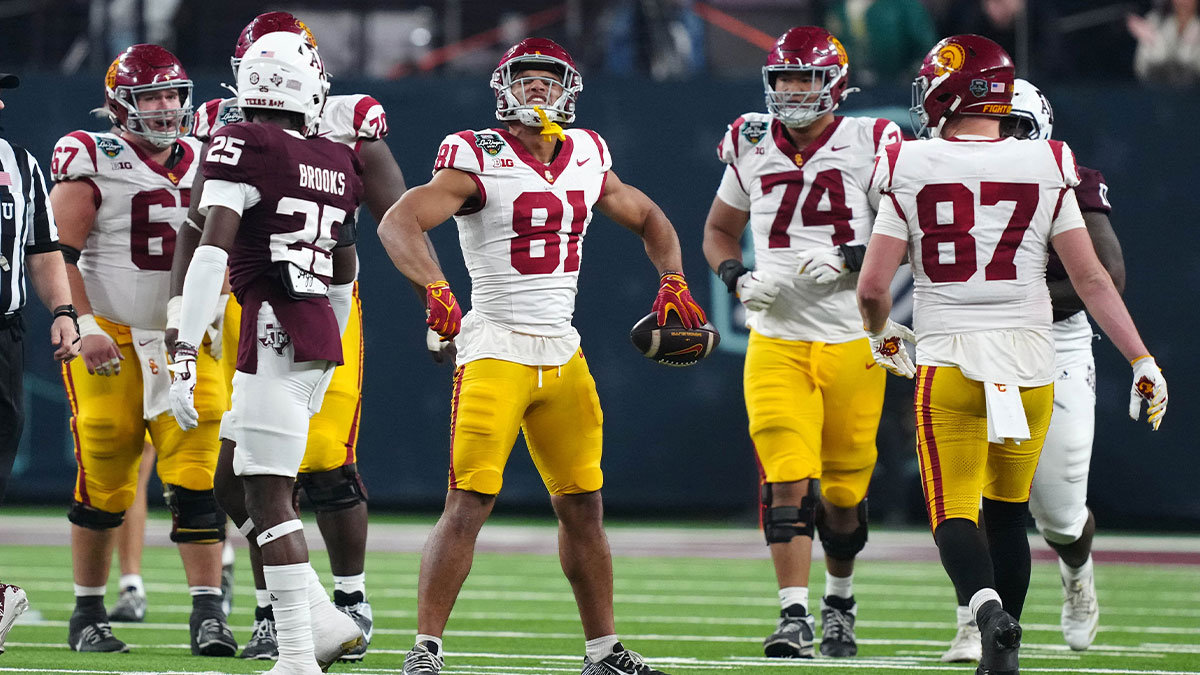 Southern California Trojans wide receiver Kyle Ford (81) celebrates after a first down against the Texas A&M Aggies in the second half at Allegiant Stadium.