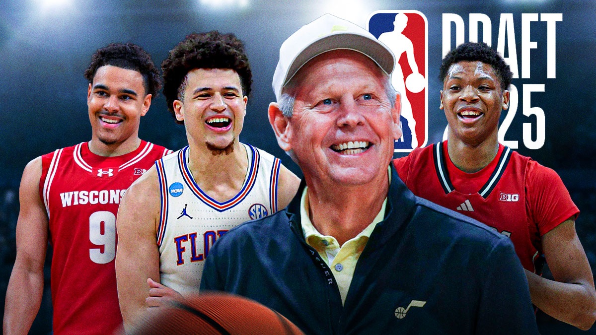 Jazz CEO Danny Ainge with Rutgers G Ace Bailey, Florida PG Walter Clayton Jr and Wisconsin F John Tonje behind him. 2025 NBA Draft logo in background