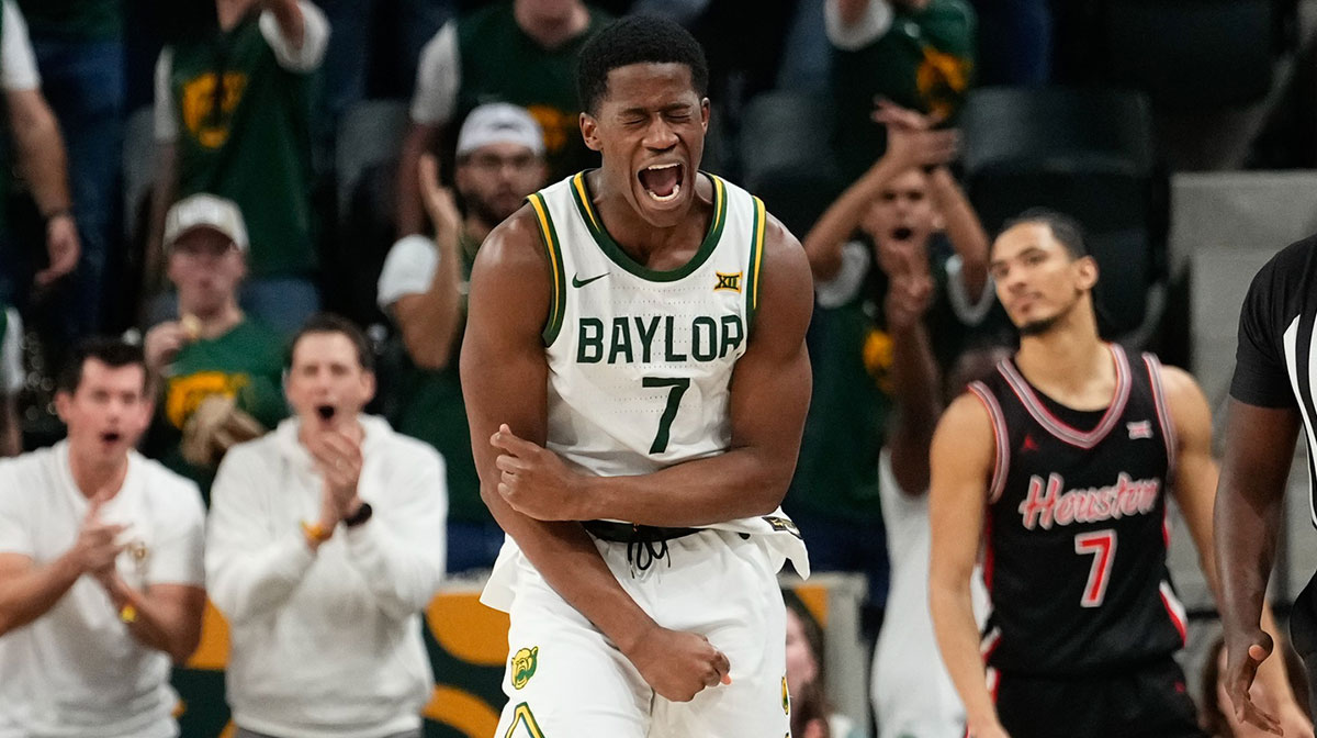 Baylor Bears guard VJ Edgecombe (7) reacts after a play against the Houston Cougars during the second half at Paul and Alejandra Foster Pavilion.