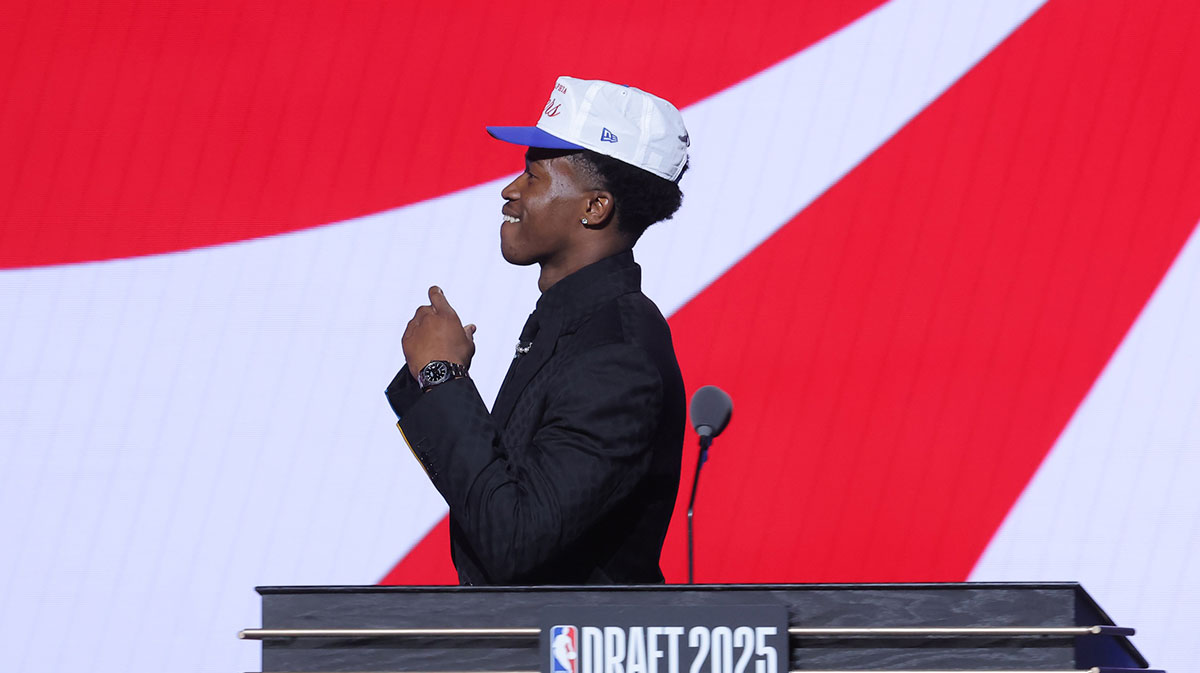 VJ Edgecombe reacts on stage after being selected as the third pick by the Philadelphia 76ers in the first round of the 2025 NBA Draft at Barclays Center.