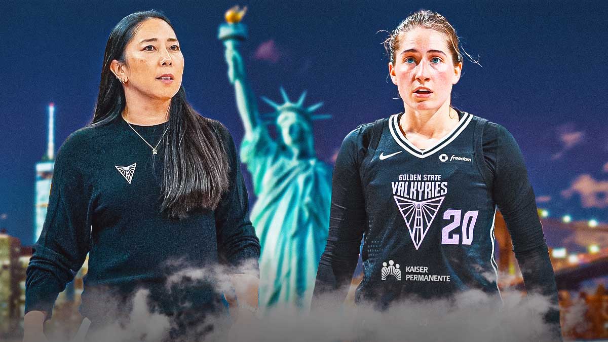 Valkyries Kate Martin and Natalie Nakase staring at the Statue of Liberty at the center of the image.