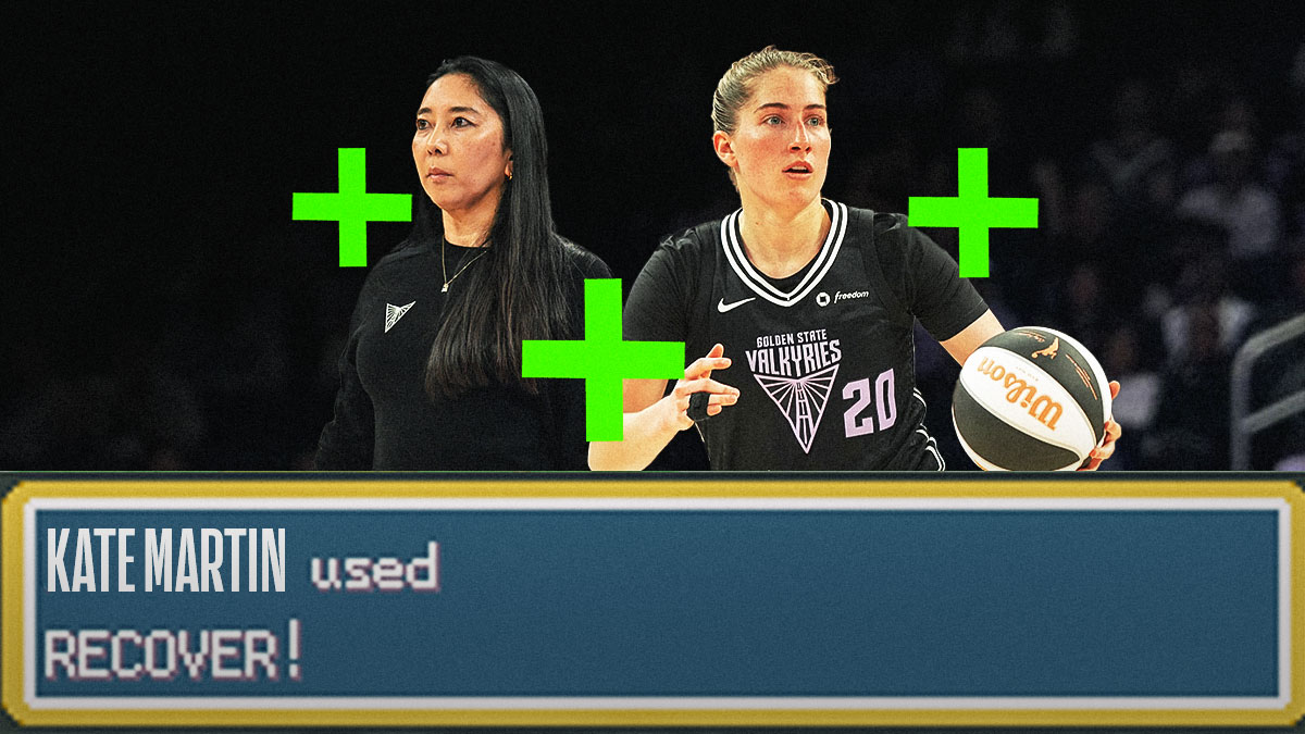 Kate Martin and Natalie Nakase with plus signs around them and a text box below them from Pokemon with the words "Kate Martin used Recover."