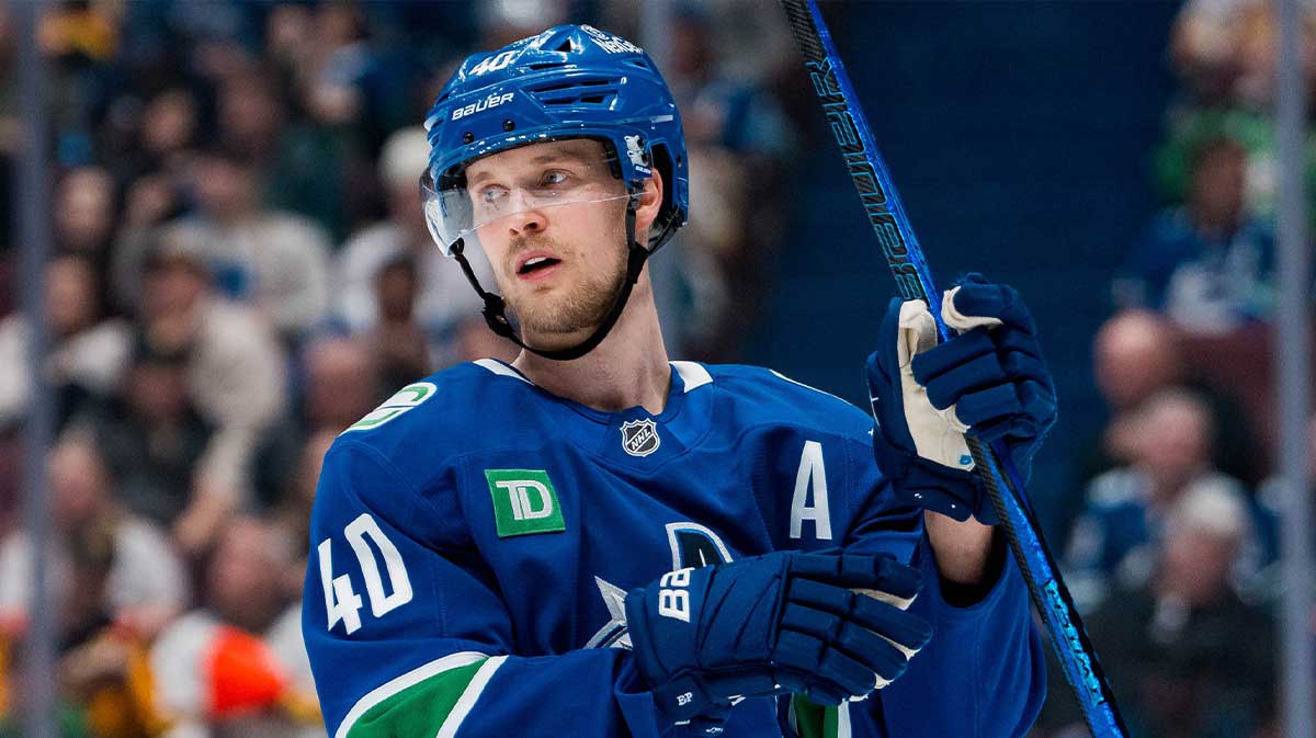Vancouver Canucks forward Elias Pettersson (40) during a stop in play against Utah Hockey Club in the second period at Rogers Arena