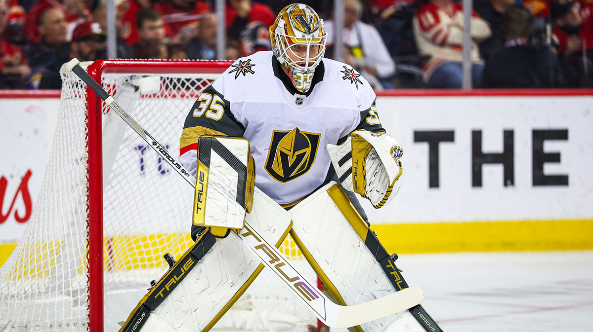Vegas Golden Knights goaltender Ilya Samsonov (35) guards his net against the Calgary Flames during the second period at Scotiabank Saddledome