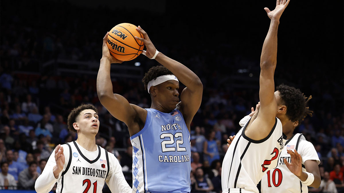 North Carolina Tar Heels forward Ven-Allen Lubin (22) plays the ball defended by San Diego State Aztecs guard Nick Boyd (2) in the second half at UD Arena.