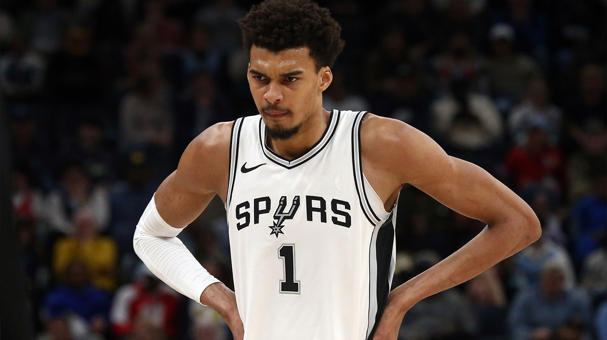 San Antonio Spurs center Victor Wembanyama (1) reacts during the second quarter against the Memphis Grizzlies at FedExForum.