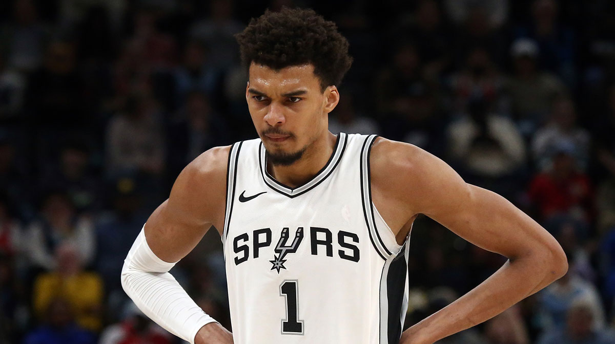 San Antonio Spurs center Victor Wembanyama (1) reacts during the second quarter against the Memphis Grizzlies at FedExForum.