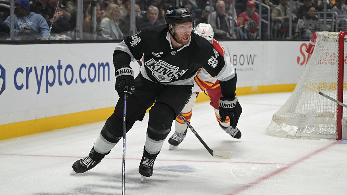 Los Angeles Kings defenseman Vladislav Gavrikov (84) controls the puck during the second period at Crypto.com Arena.