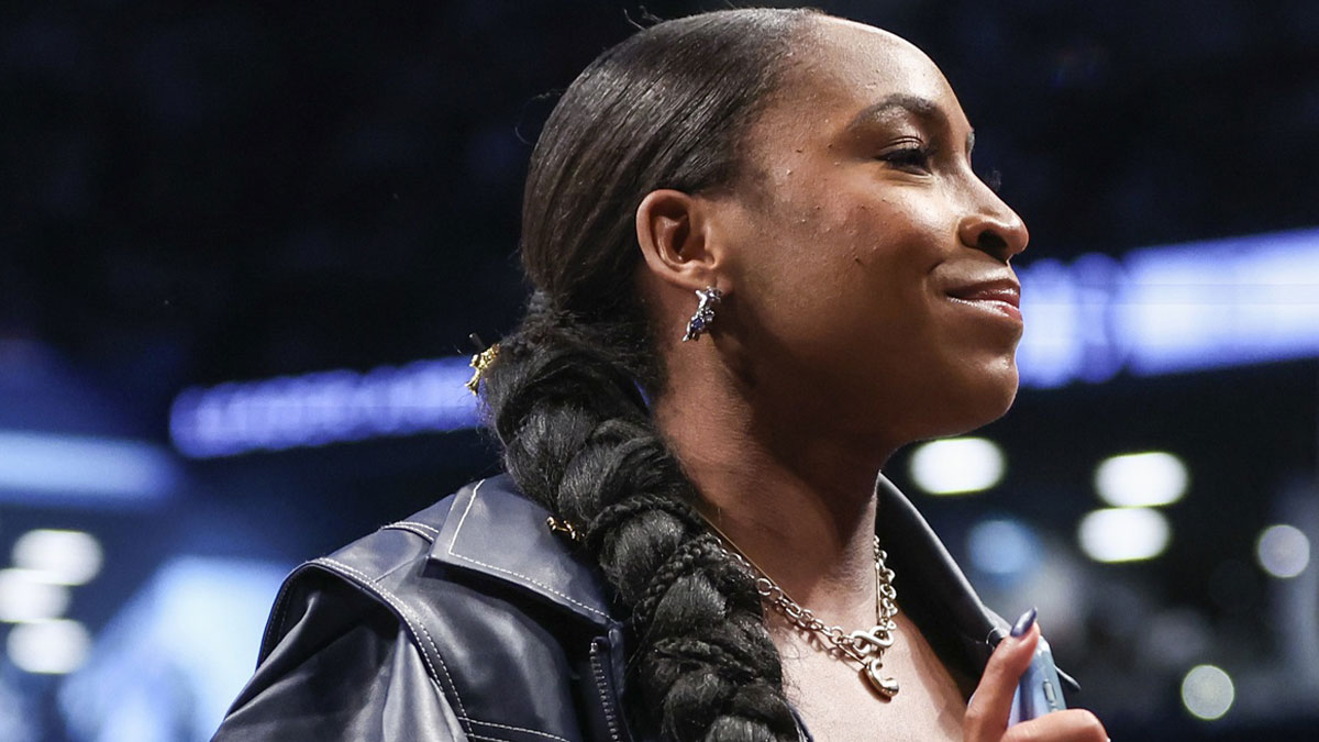 Jun 10, 2025; Brooklyn, New York, USA; Professional tennis player Coco Gauff waves to the fans in the second quarter of the game between the Chicago Sky and the New York Liberty at Barclays Center. Mandatory Credit: Wendell Cruz-Imagn Images