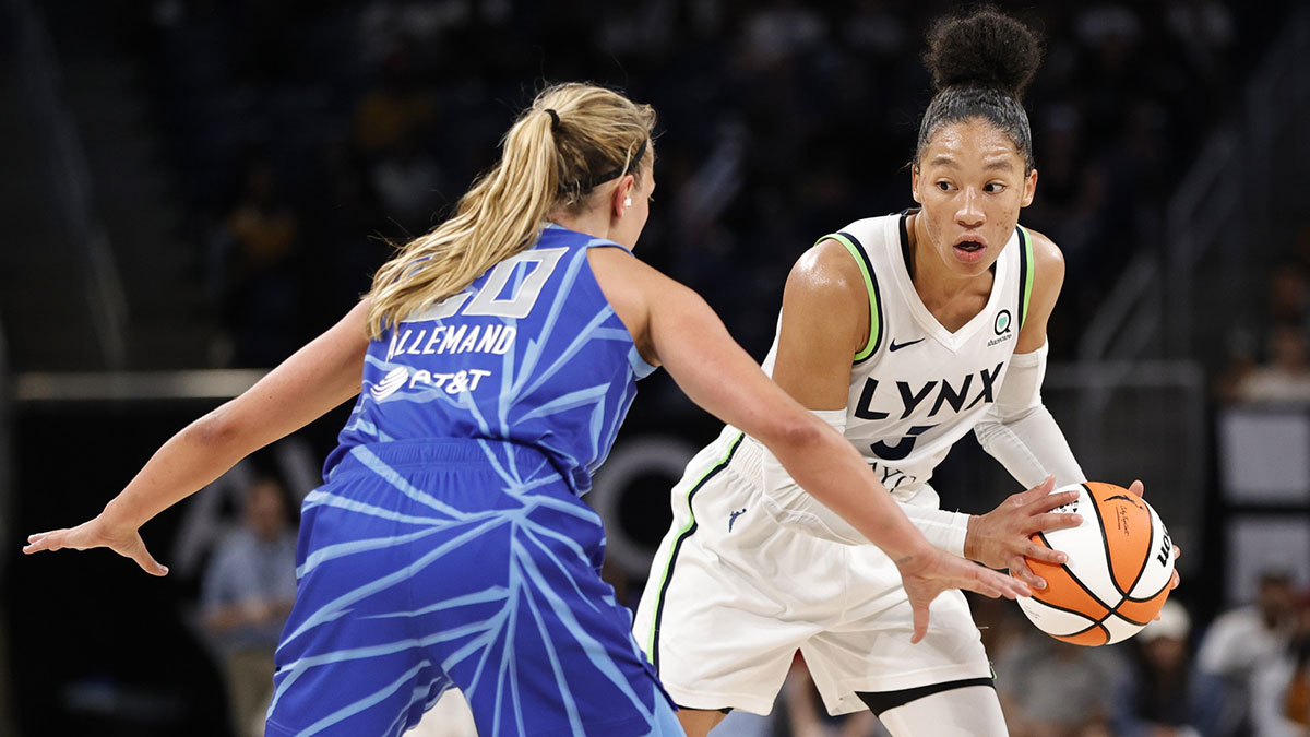 Minnesota Lynx forward Aerial Powers (3) looks to pass the ball against Chicago Sky guard Julie Allemand (20) during the second half of a WNBA game.