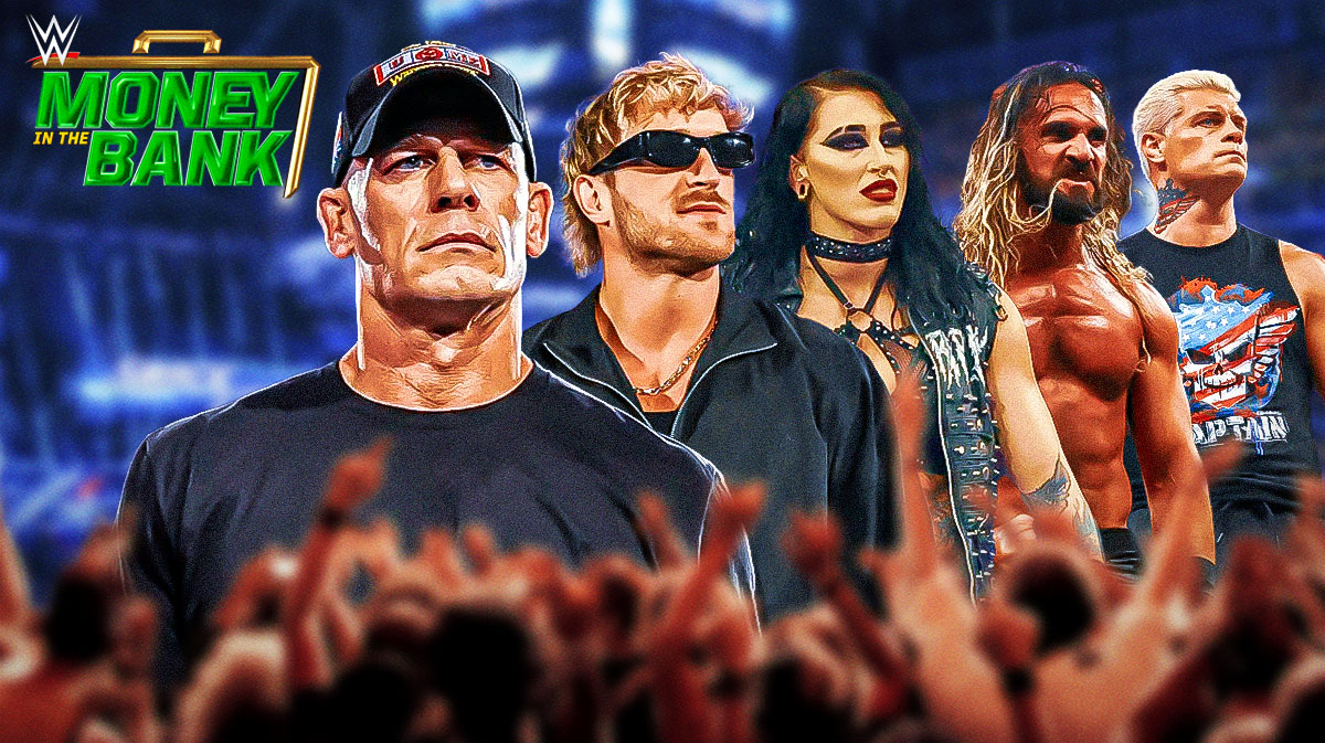 WWE 2025 Money in the Bank logo and Superstars featured on the match card, such as John Cena, Logan Paul, Rhea Ripley, Seth Rollins, and Cody Rhodes.