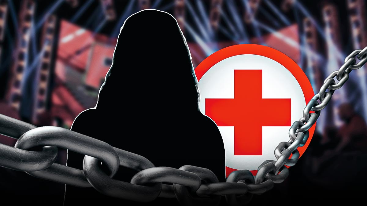 The blacked-out silhouette of Liv Morgan next to a medical cross with the RAW logo as the background.
