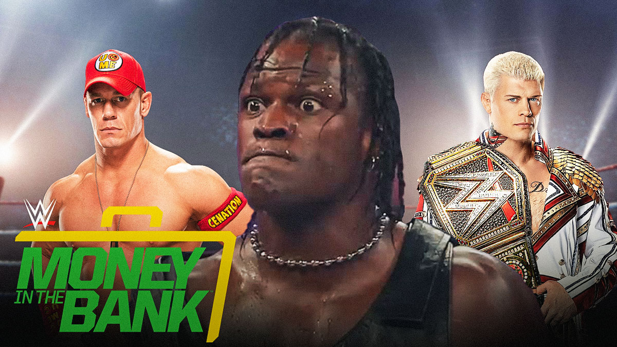 IMAGE: WWE Superstar R-Truth looking mad/annoyed in center, WWE Superstar John Cena on left side, WWE Superstar Cody Rhodes on right side, Intuit Dome (home arena of the Los Angeles Clippers and host of WWE Money in the Bank) in background