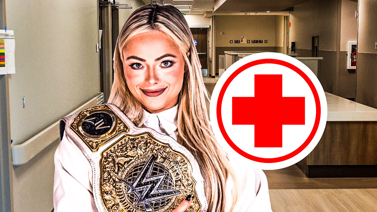 WWE Superstar Liv Morgan, who is out with a shoulder injury that may require surgery, with hospital background.