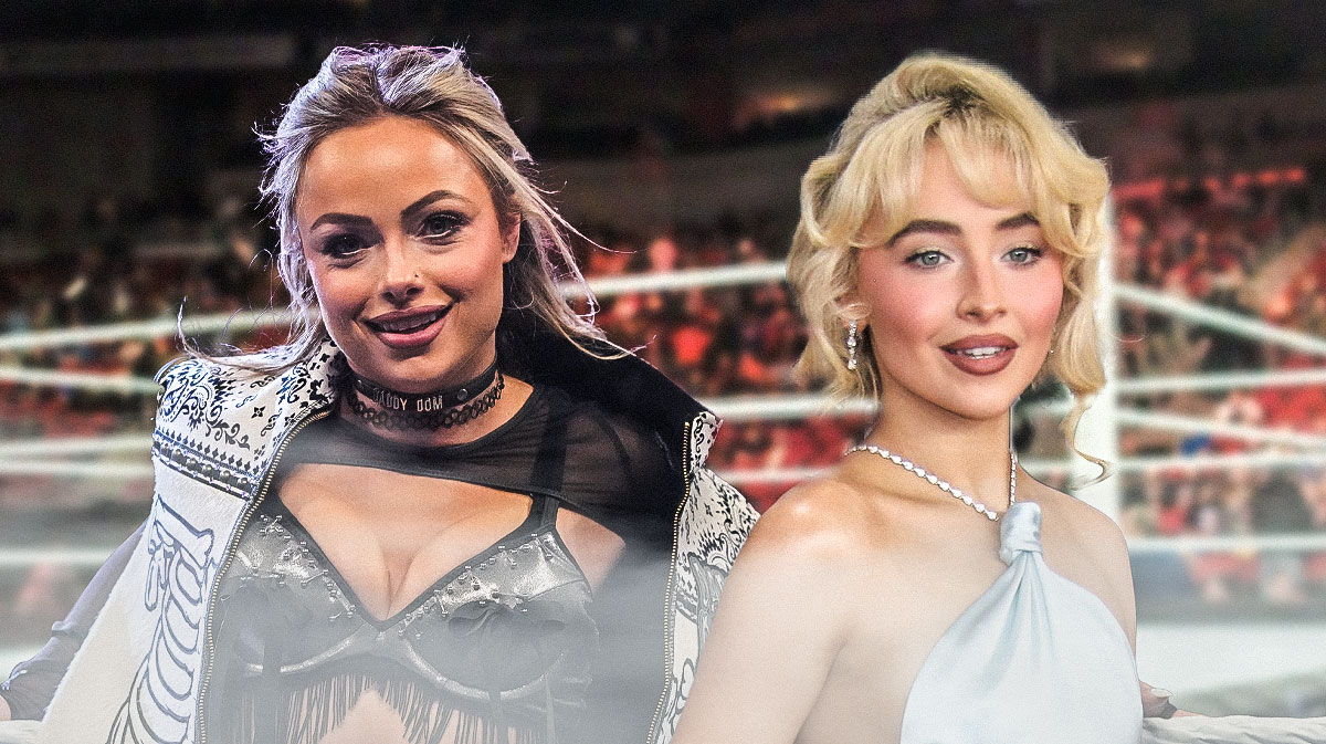 WWE Superstar Liv Morgan, who recreated the Man's Best Friend album cover, next to Sabrina Carpenter.