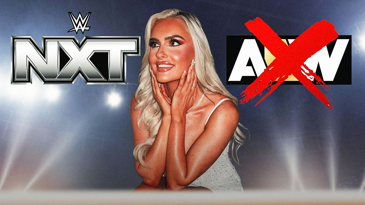 Mariah May with the NXT logo on her left and a crossed-out AEW logo on her right