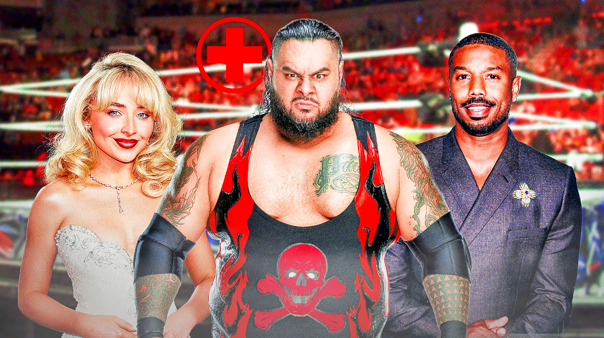 WWE Superstar Bronson Reed, who just made his return from injury, in between Sabrina Carpenter and Sinners star Michael B. Jordan.