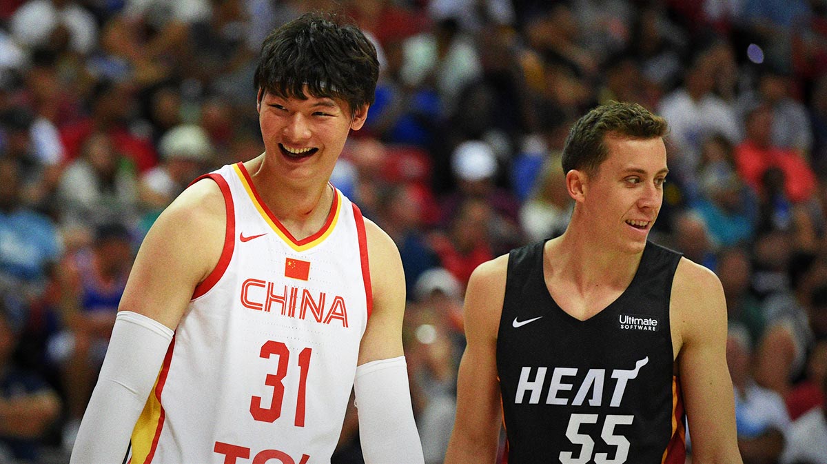 Chinese National Team center Zhelin Wang (31) reacts to Miami Heat forward Duncan Robinson (55) during the first half of an NBA Summer League game at Thomas & Mack Center.
