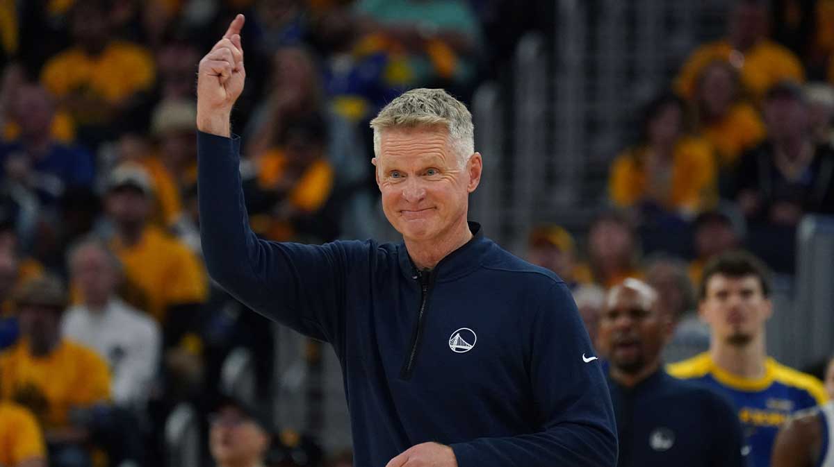 Golden State Warriors head coach Steve Kerr signals to the players during a game against the Minnesota Timberwolves in the third quarter during game three in the second round of the 2025 NBA Playoffs at Chase Center.