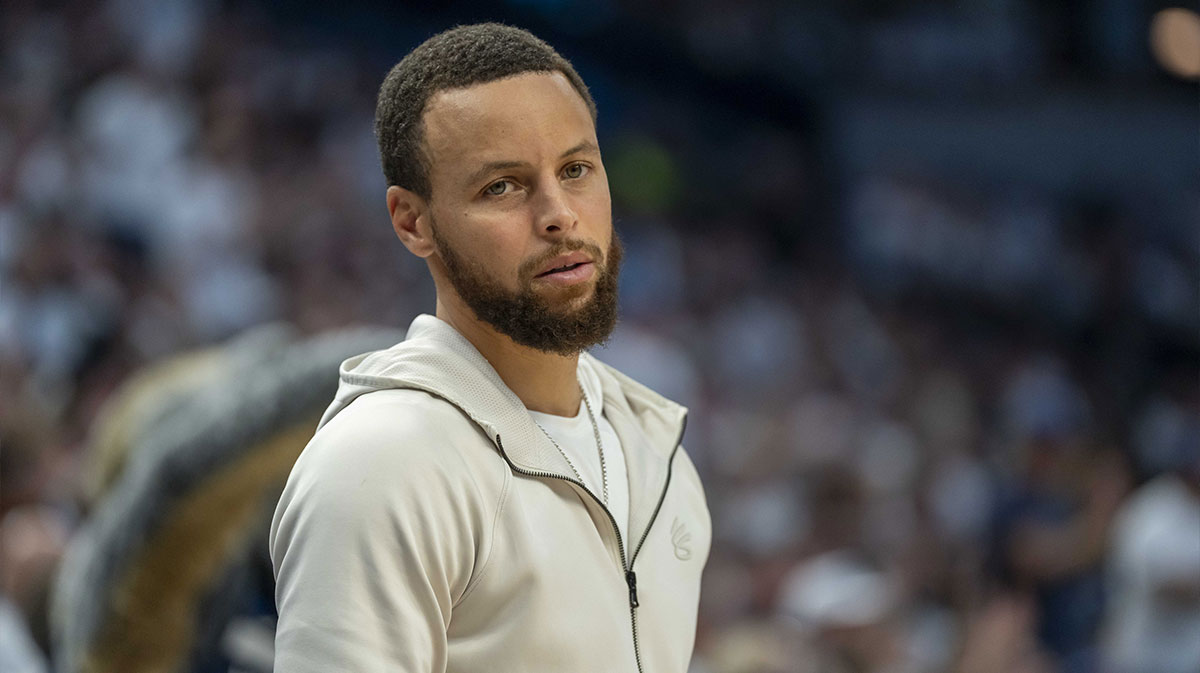 Golden State Warriors guard Stephen Curry (30) looks on against the Minnesota Timberwolves in the second half during game five of the second round for the 2025 NBA Playoffs at Target Center.