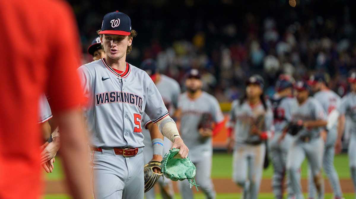 A general view as the Washington Nationals celebrate a win over the Arizona Diamondbacks at Chase Field.