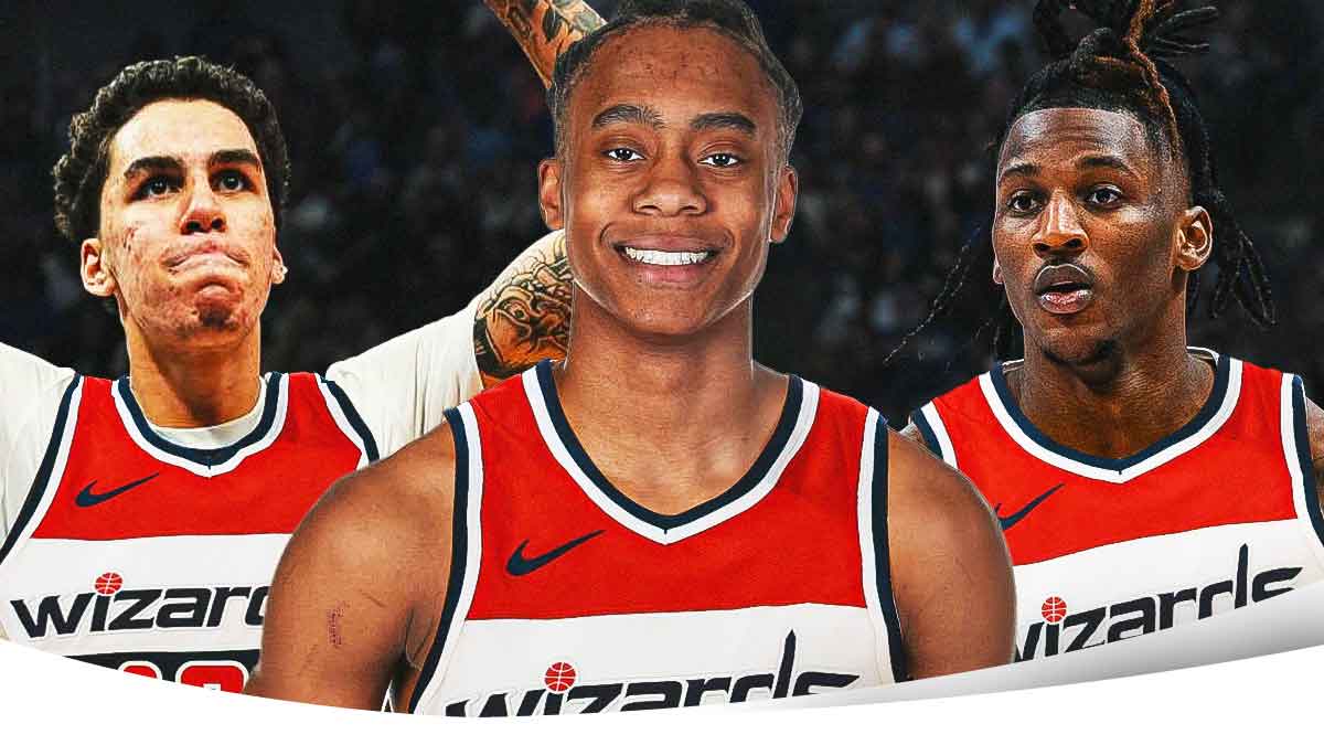 Will Riley, Tre Johnson, and Jahmir Watkins all smile in Wizards jerseys