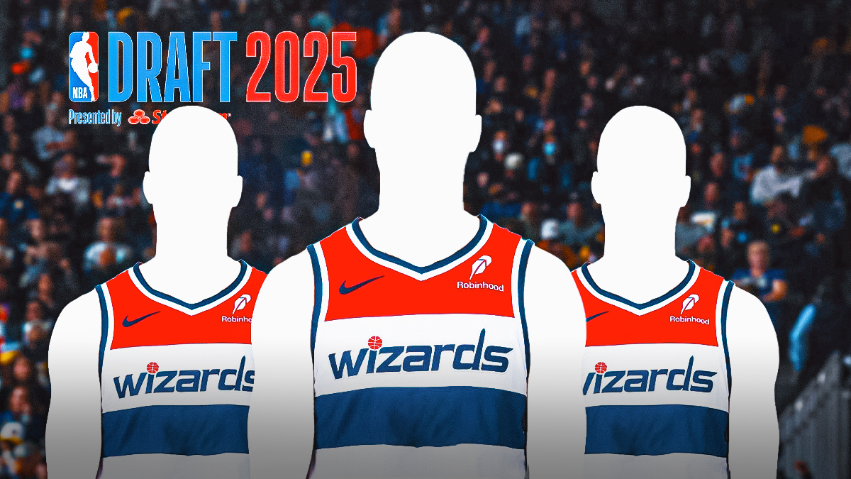 Three silhouettes in Wizards jerseys around 2025 NBA Draft logo