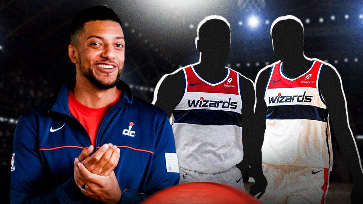 Will Dawkins smiles next to basketball player silhouette wearing Wizards jersey